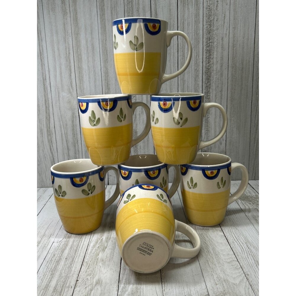 Vtg Talavera by Philippe Richard Coffee Mugs Cups Yellow Blue Floral - Set of 7